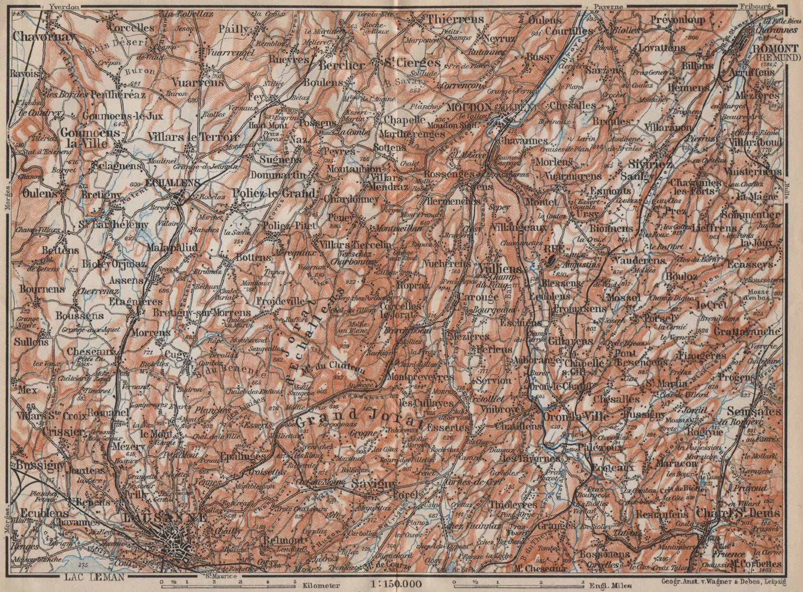 PAYS DE VAUD North. Lausanne Moudon Romont Jorat Moudon Echallens 1907 old map